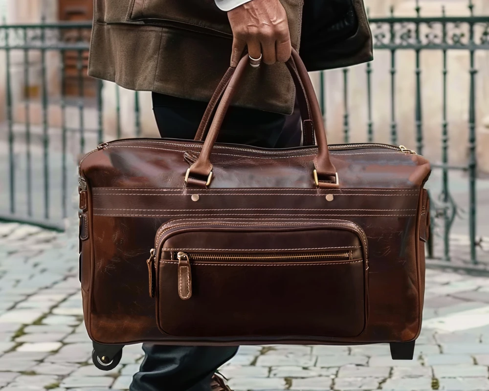 brown leather carry on bag
